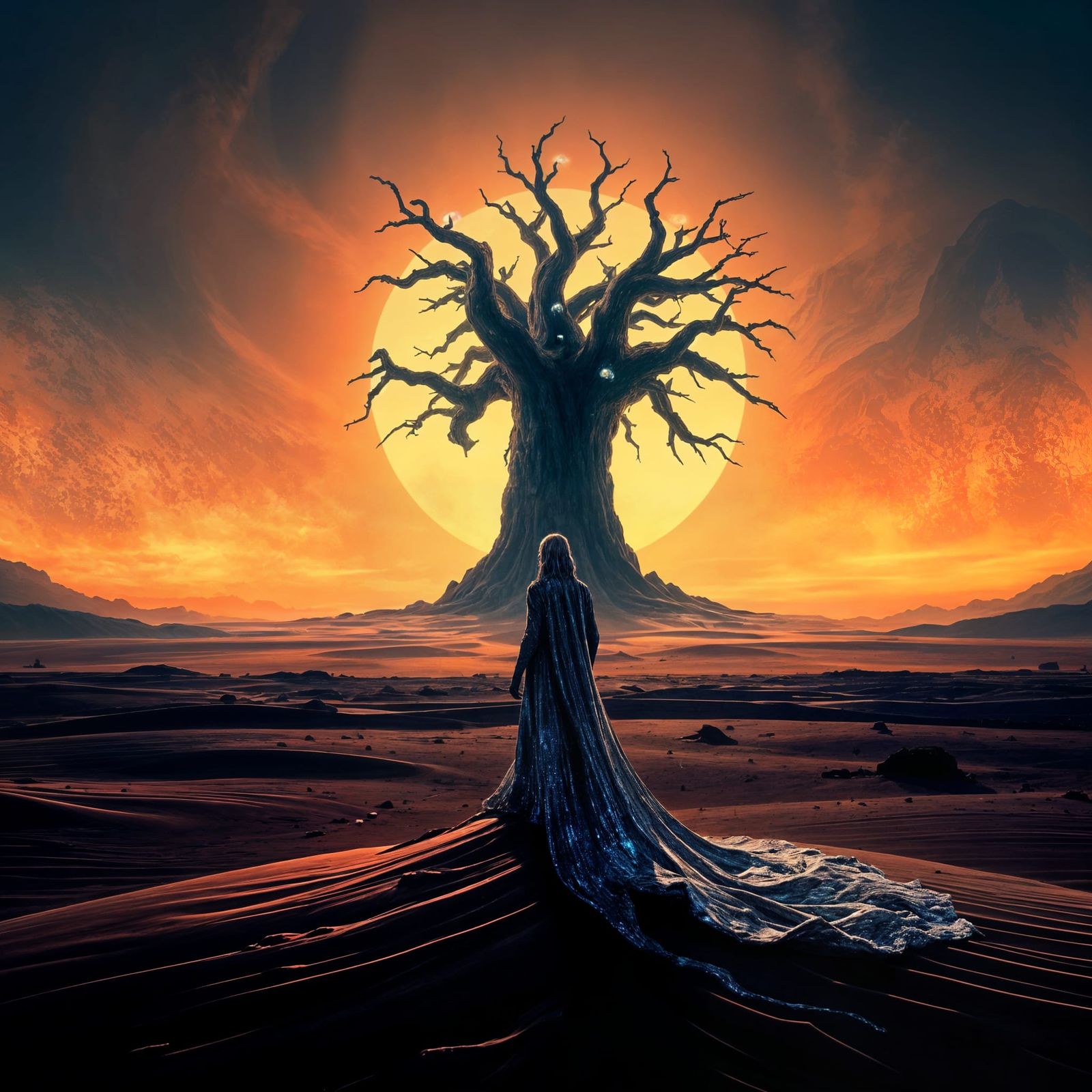 Ethereal Sand Figure Before Ancient Bioluminescent Tree