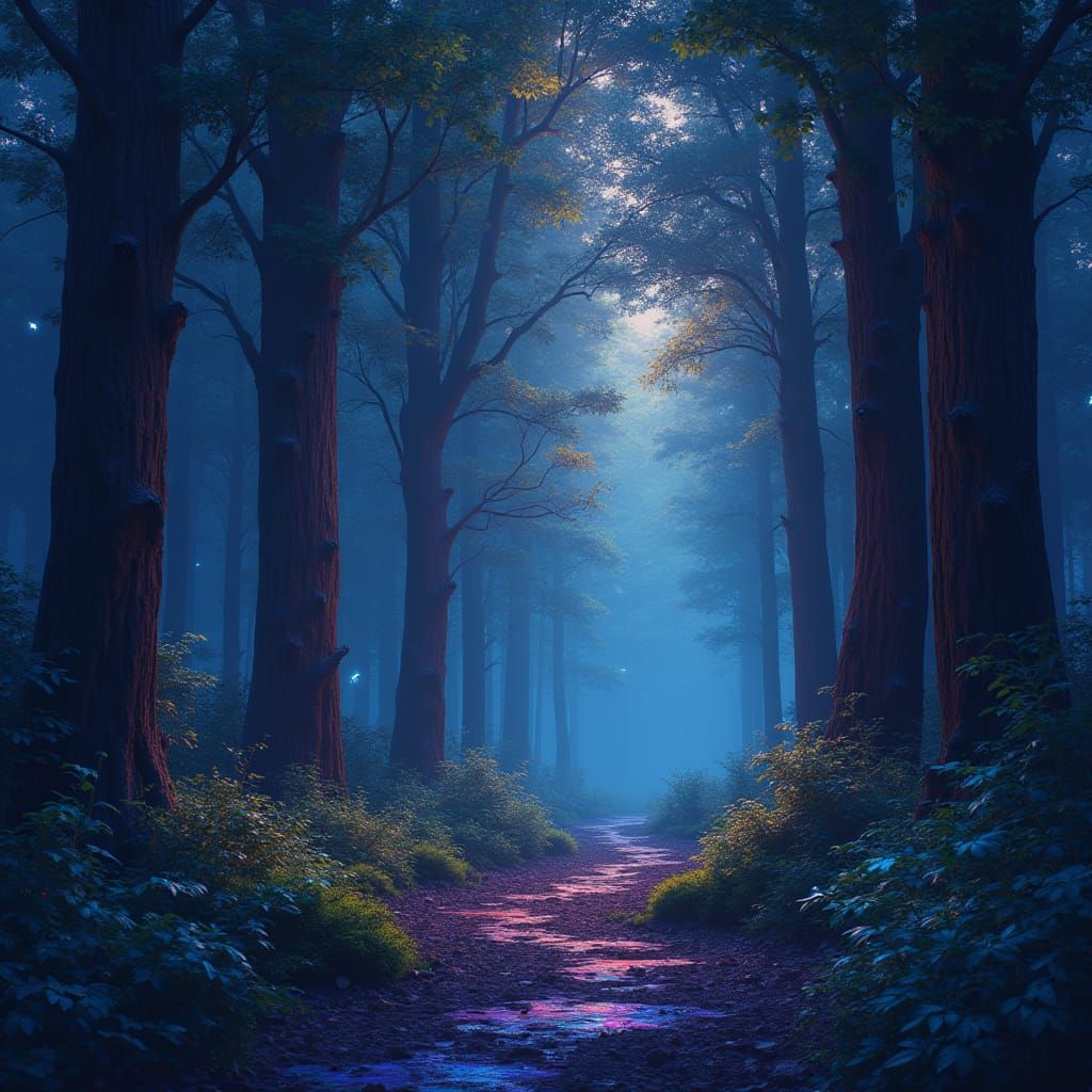 Enchanted Forest at Twilight with Crystalline Light