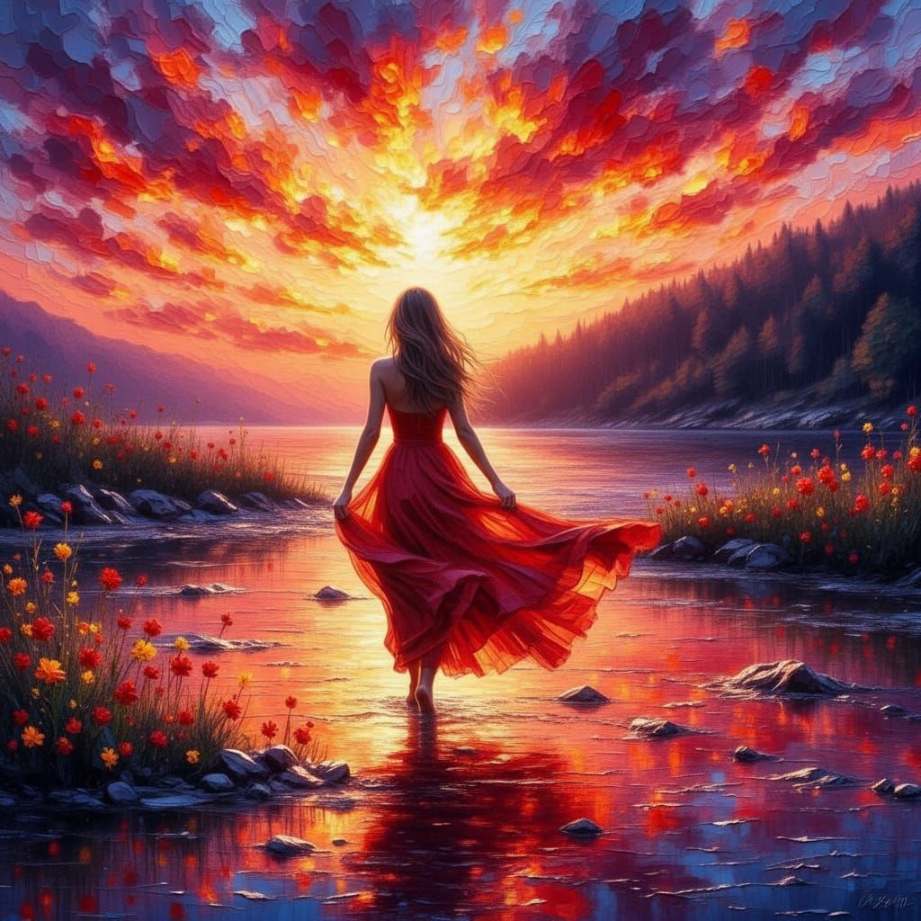 Fiery Sunset Over River by Woman, Impasto Oil Painting