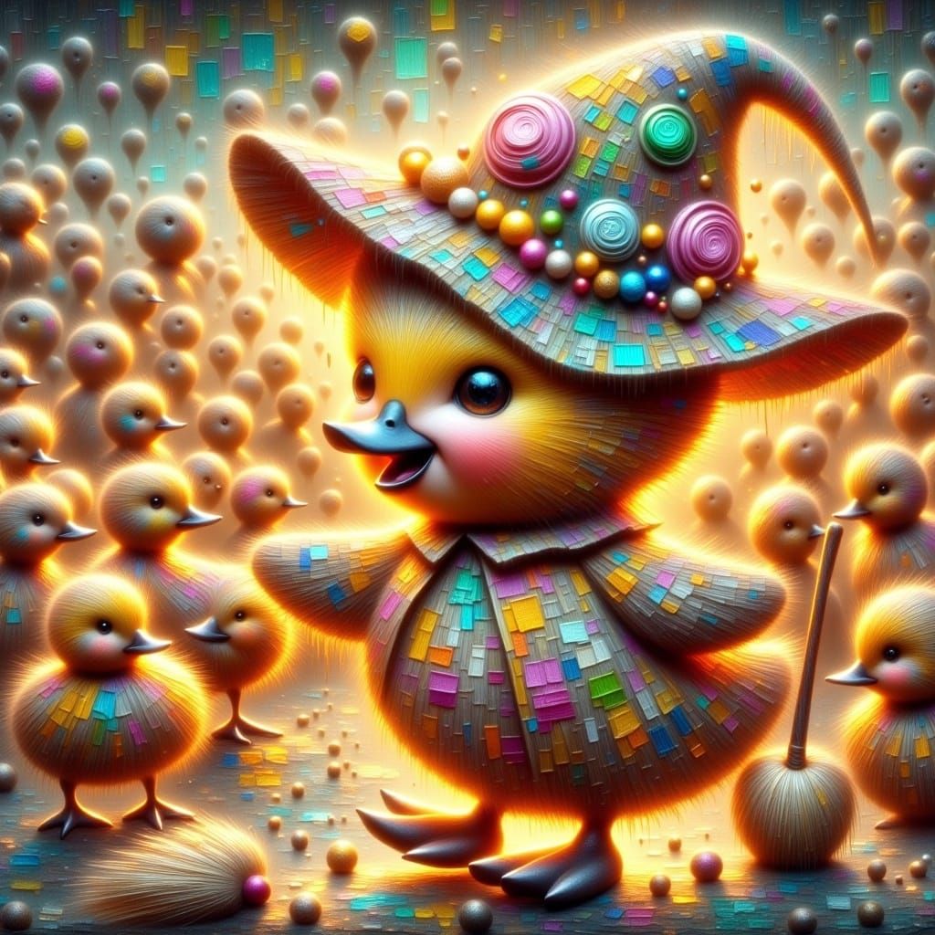 Whimsical Duckling Dance in Impasto Oil Painting Style