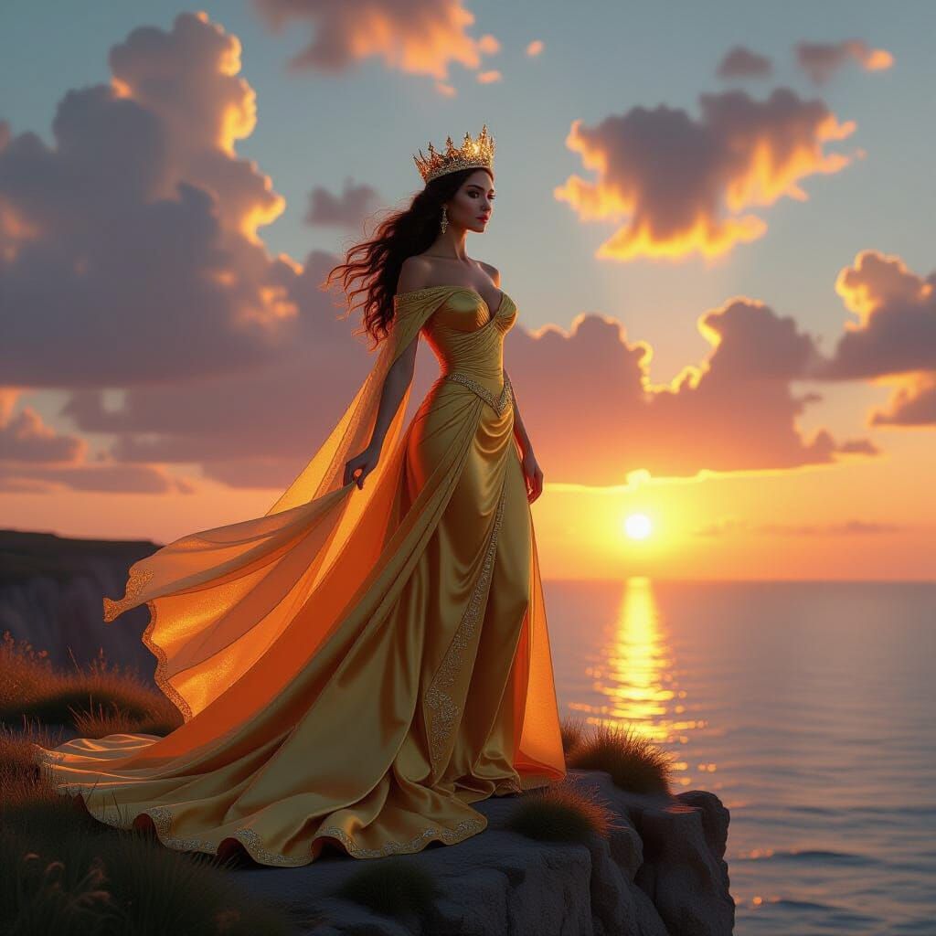 Radiant Queen on Glowing Cliff at Sunrise