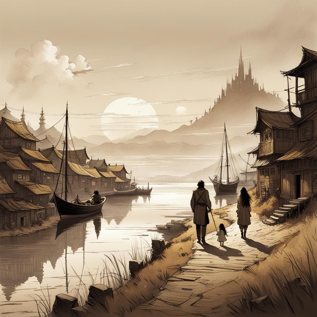 Father and Daughter Grunion Catch in Sepia Ink