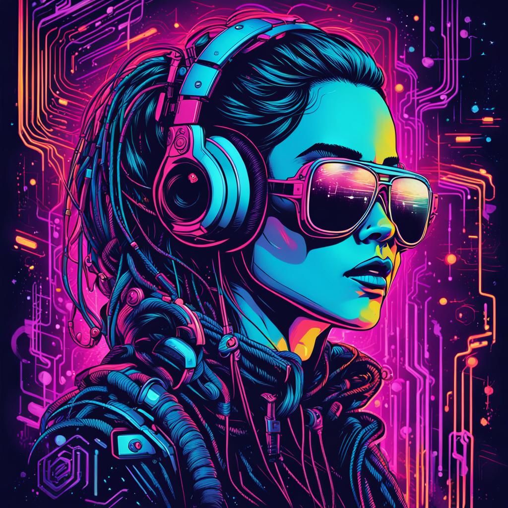 Cyberpunk T-Shirt Art with VR Woman in Neon Lights