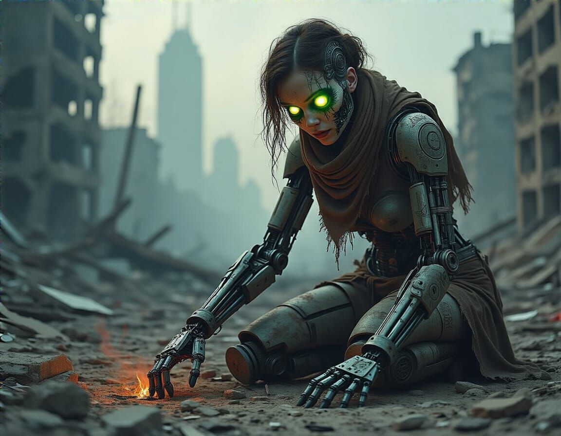 Cyborg Scavenger in Post-Apocalyptic Cityscape