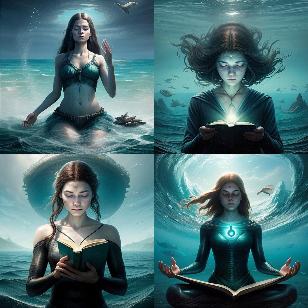 Meditating Woman in Ocean, Greg Rutkowski Style