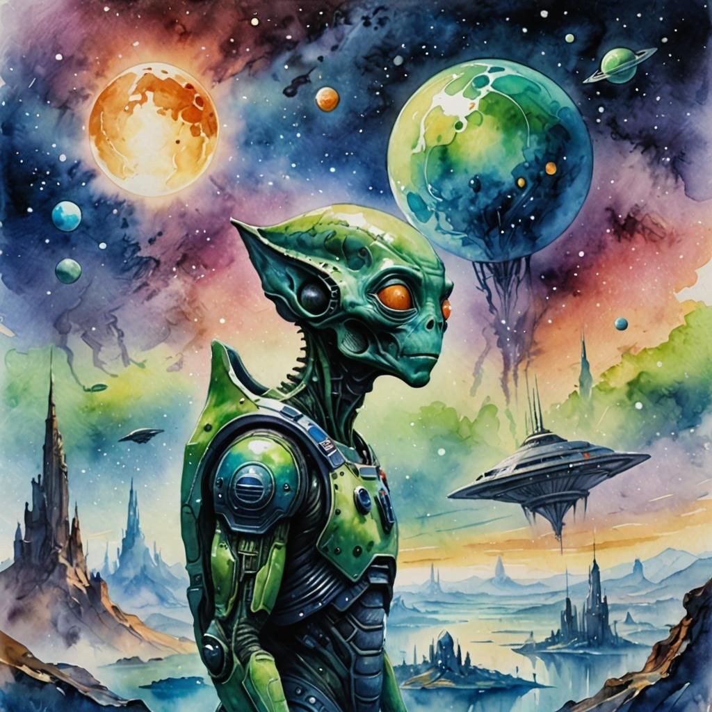 Dreaming Alien Gazing at Stars in Watercolor