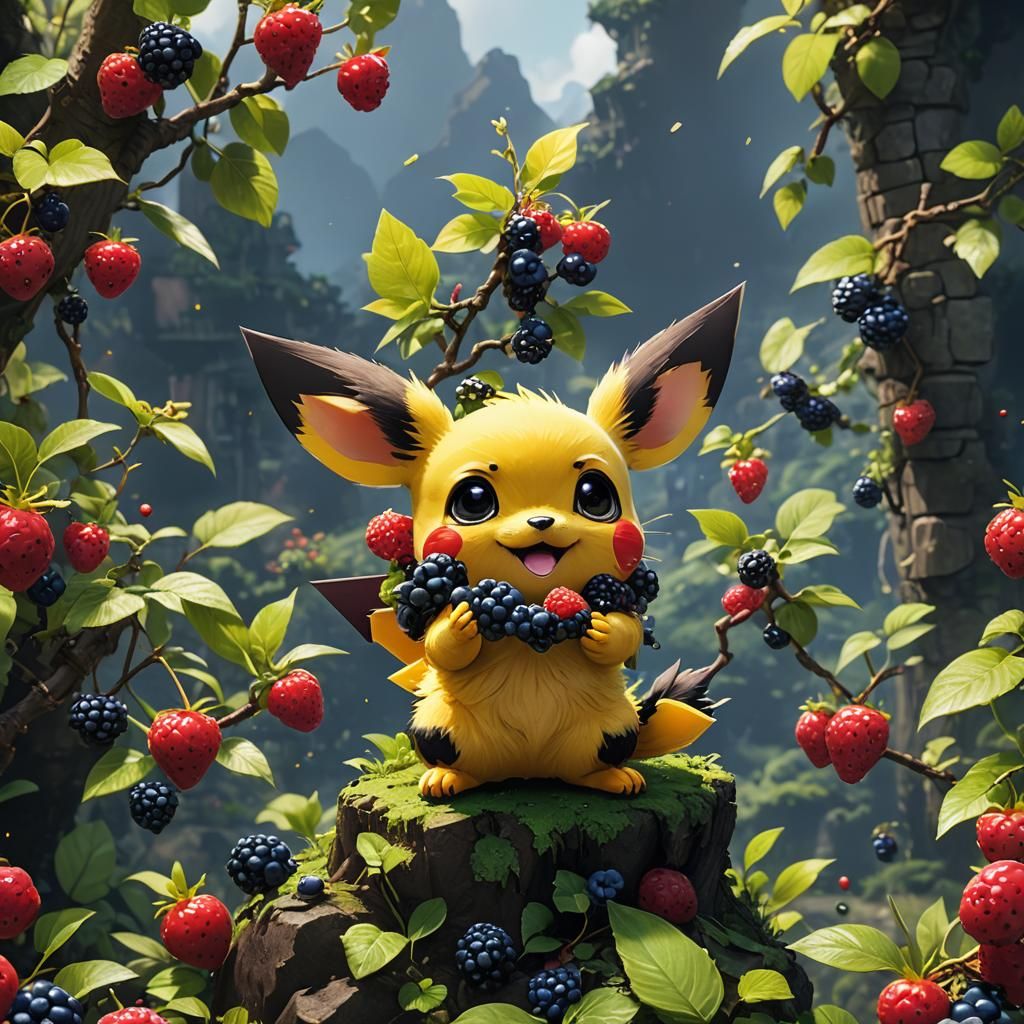 Pichu Enjoys a Wildberry in Detailed Digital Painting