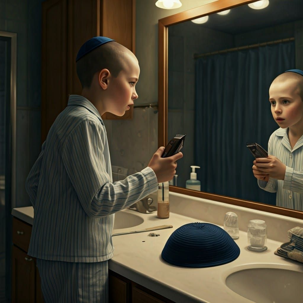 Young Hasidic Boy Cuts Payot in Bathroom