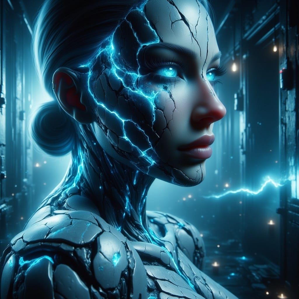 Surrealist Portrait of a Woman with Cybernetic Skin and Aqua...