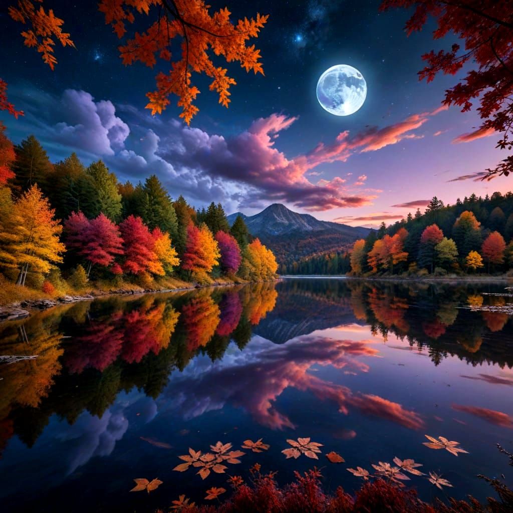 A captivating night scene unfolds with moon suspended in the sky, casting a soft glow over a tranquil lake. The water mi...