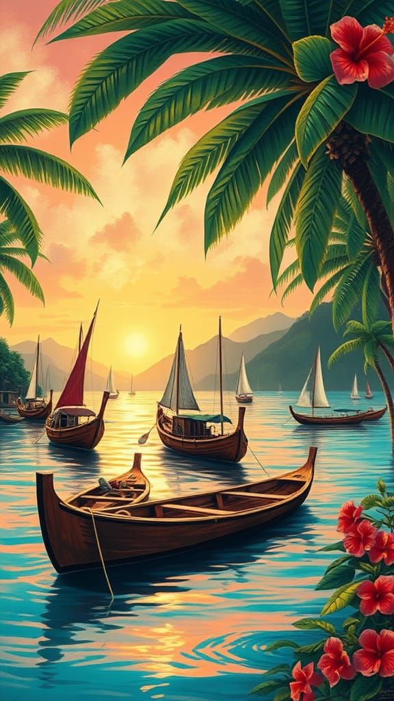 South Pacific Village Sunrise in Post-Impressionist Style