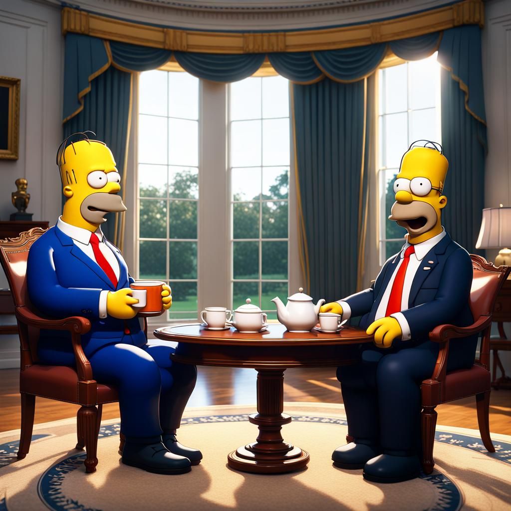 Homer Simpson and Trump Have Tea, 3D Render