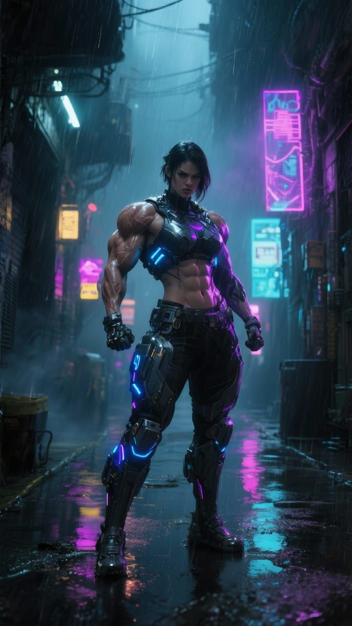 Cyberpunk Bodybuilder in Neon Alleyway