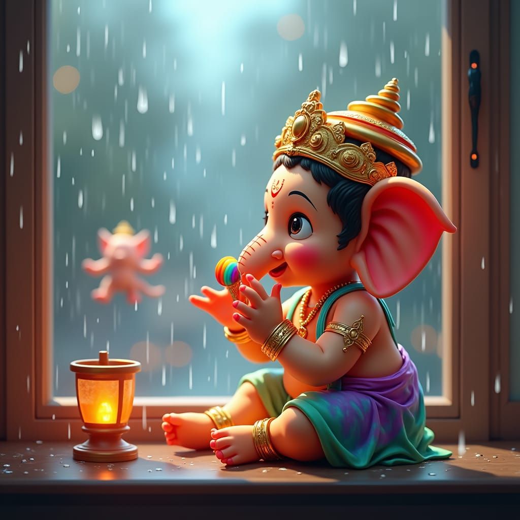 Kid Ganesha in Rainy Anime Scene with Ice Cream
