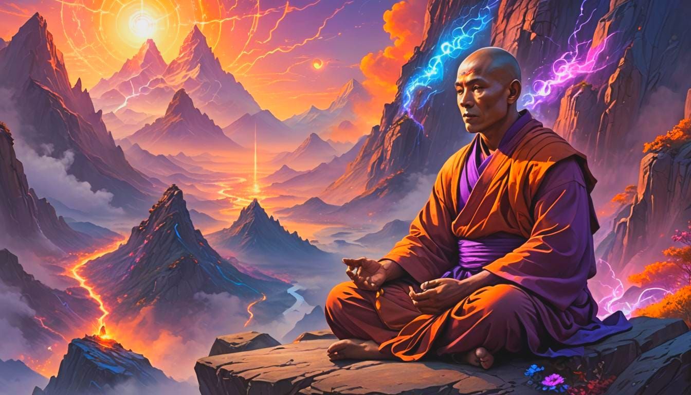 Meditating Monk on Mountain Peak with Chakras
