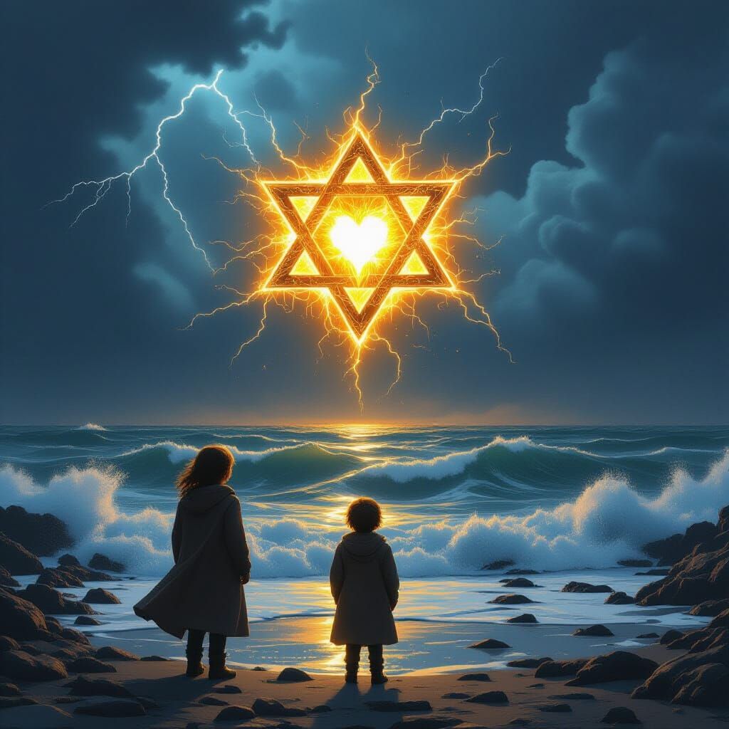 Fiery Star of David Over Stormy Sea