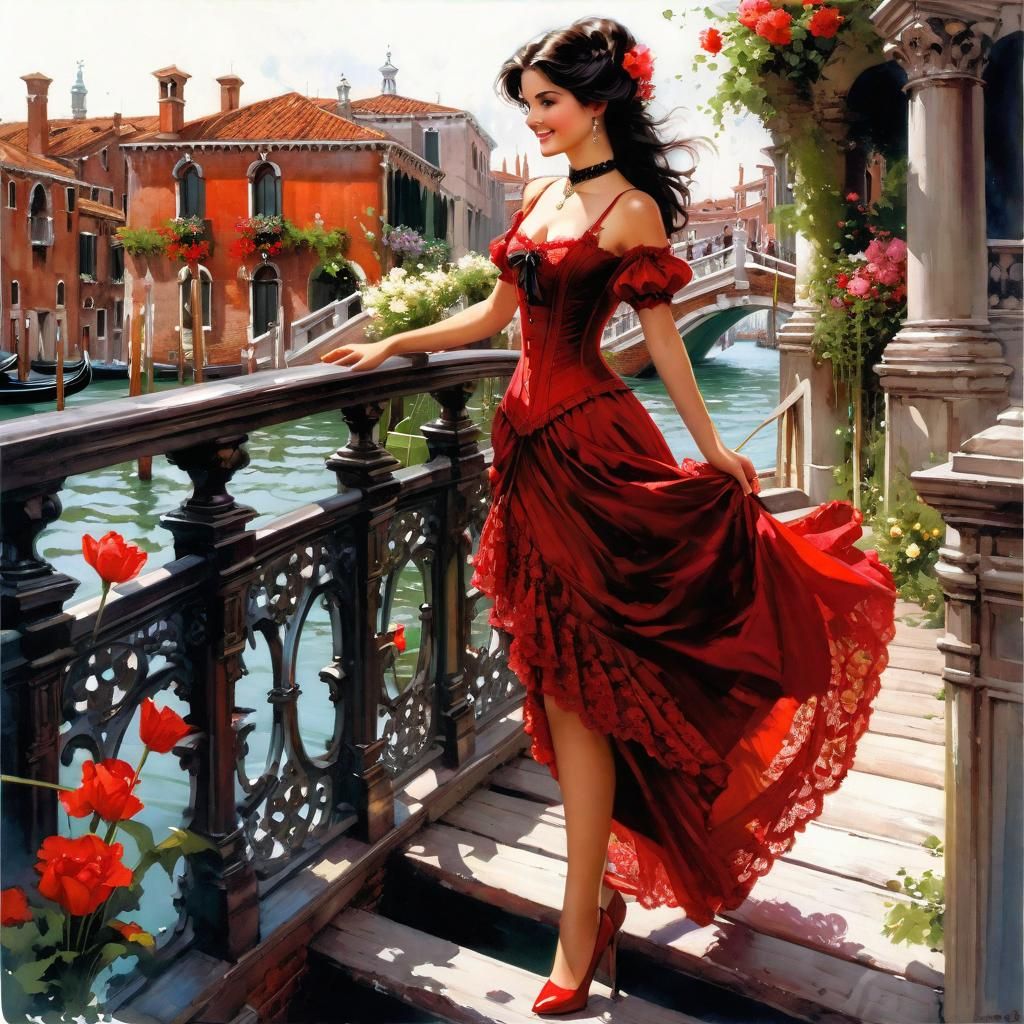 Victorian Girl on Venice Bridge in Splash Art Style