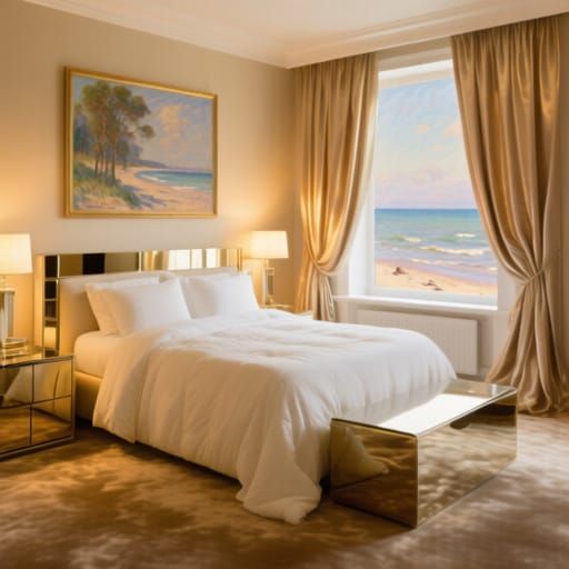 Luxurious Bedroom With Golden Lighting And Beach Art