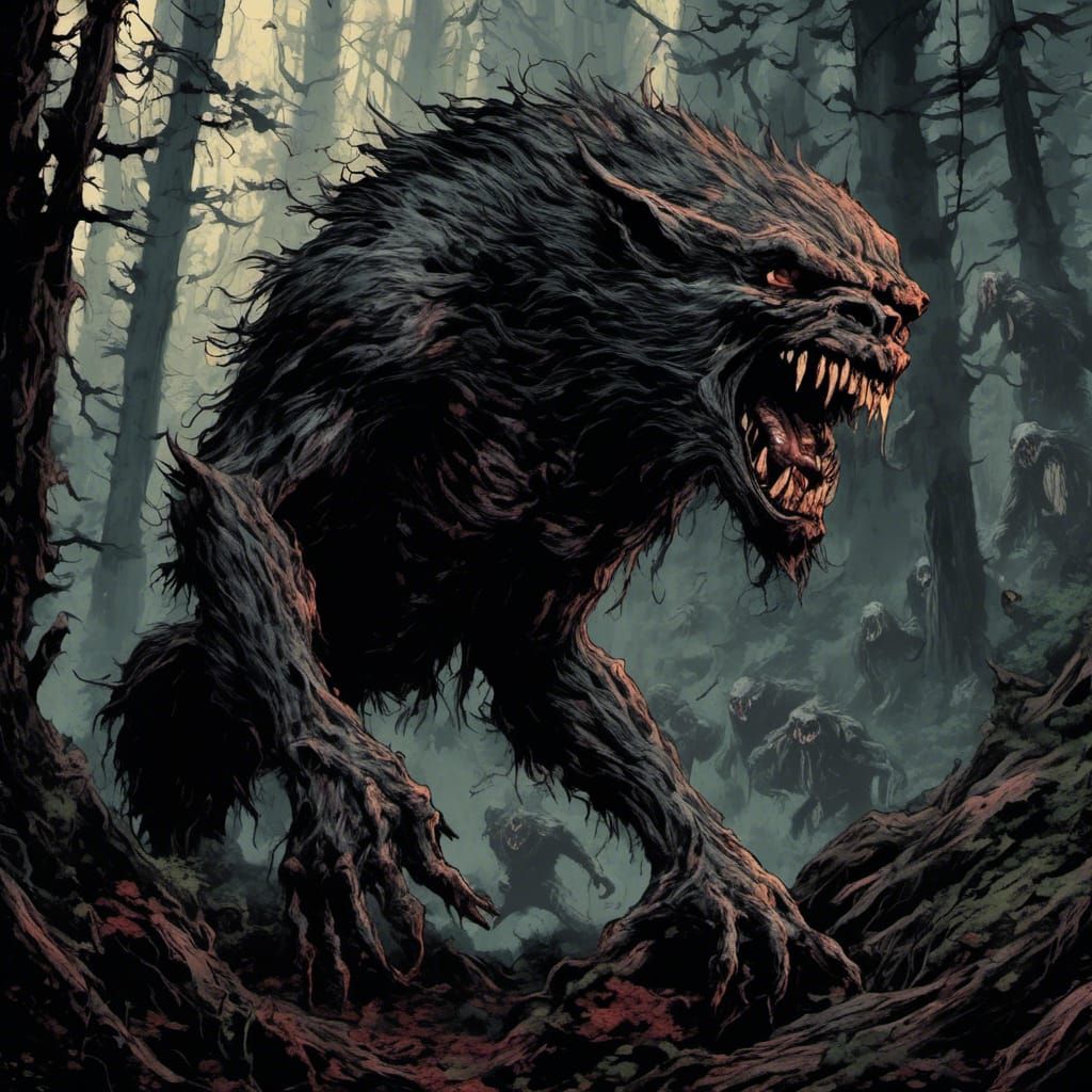 Fearsome Werewolf Snarling in Dark Woods