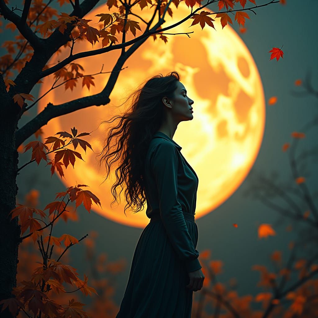 Woman Under October Moon in Hyperrealistic Dreamscape
