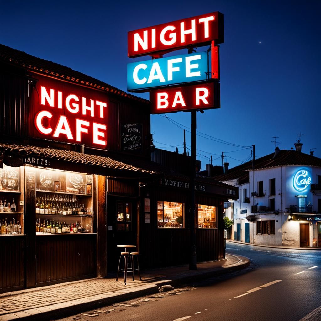 Night Cafe Embossed Sign on Roadside Bar