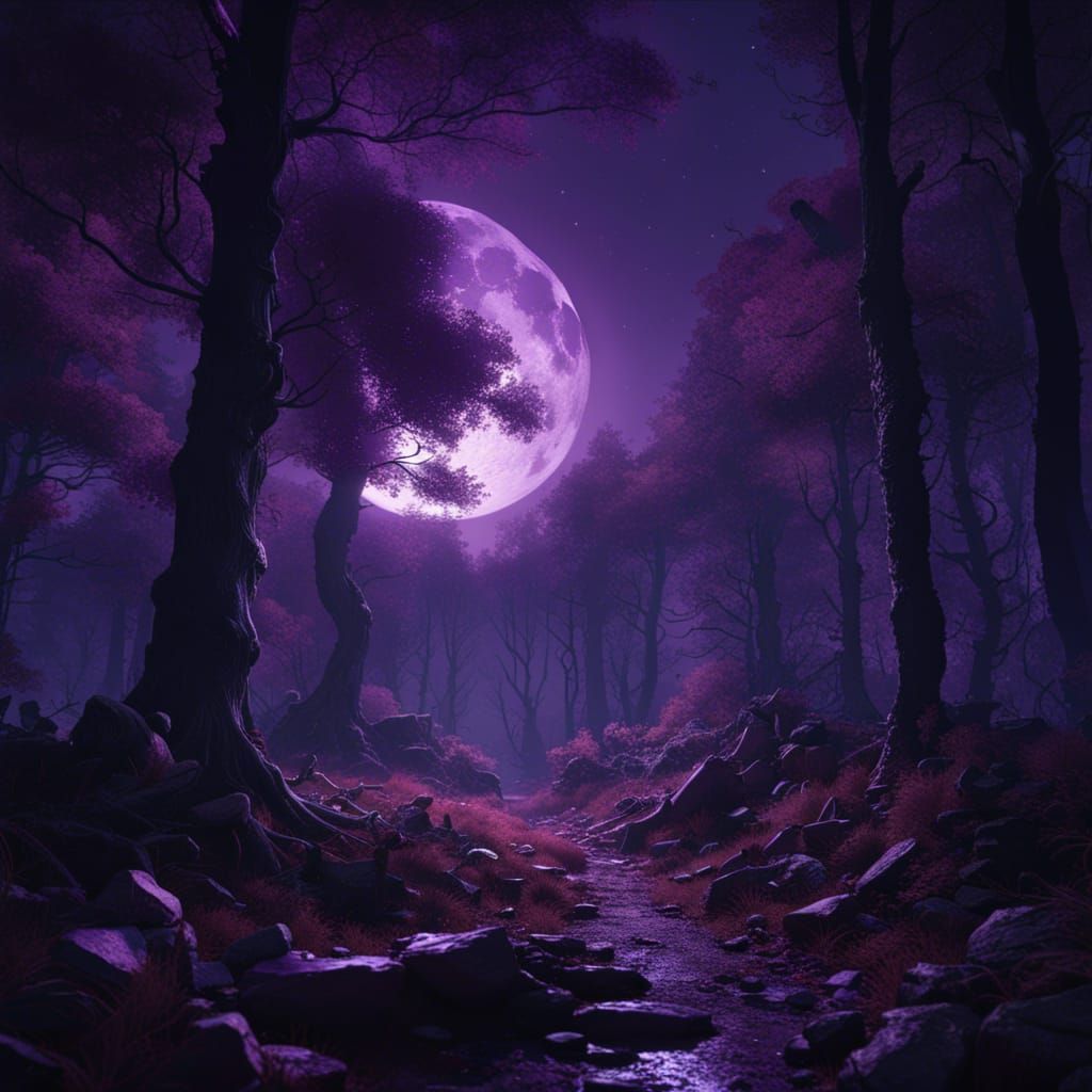 Night Forest with Purple Sky, Dark Fantasy Art