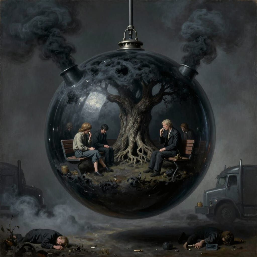 Surreal Oil Painting of Truck Exhaust Filling Soap Sphere