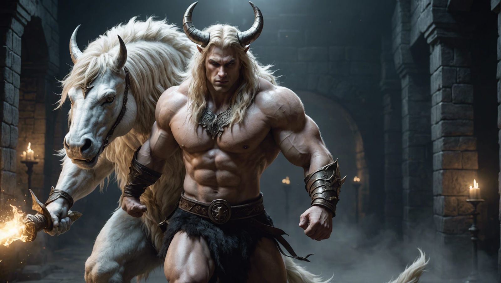 Unicorn-Minotaur Hybrid Fighting Demon in Labyrinth