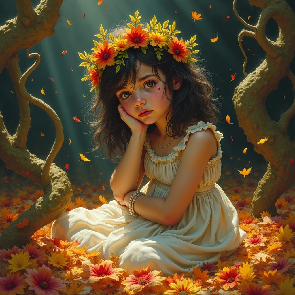 Distressed Girl in Autumn Leaves: Matte Painting