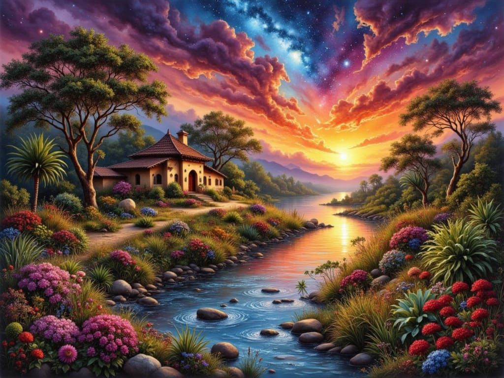 Vibrant Sunset Hacienda Amidst Cosmic Forest