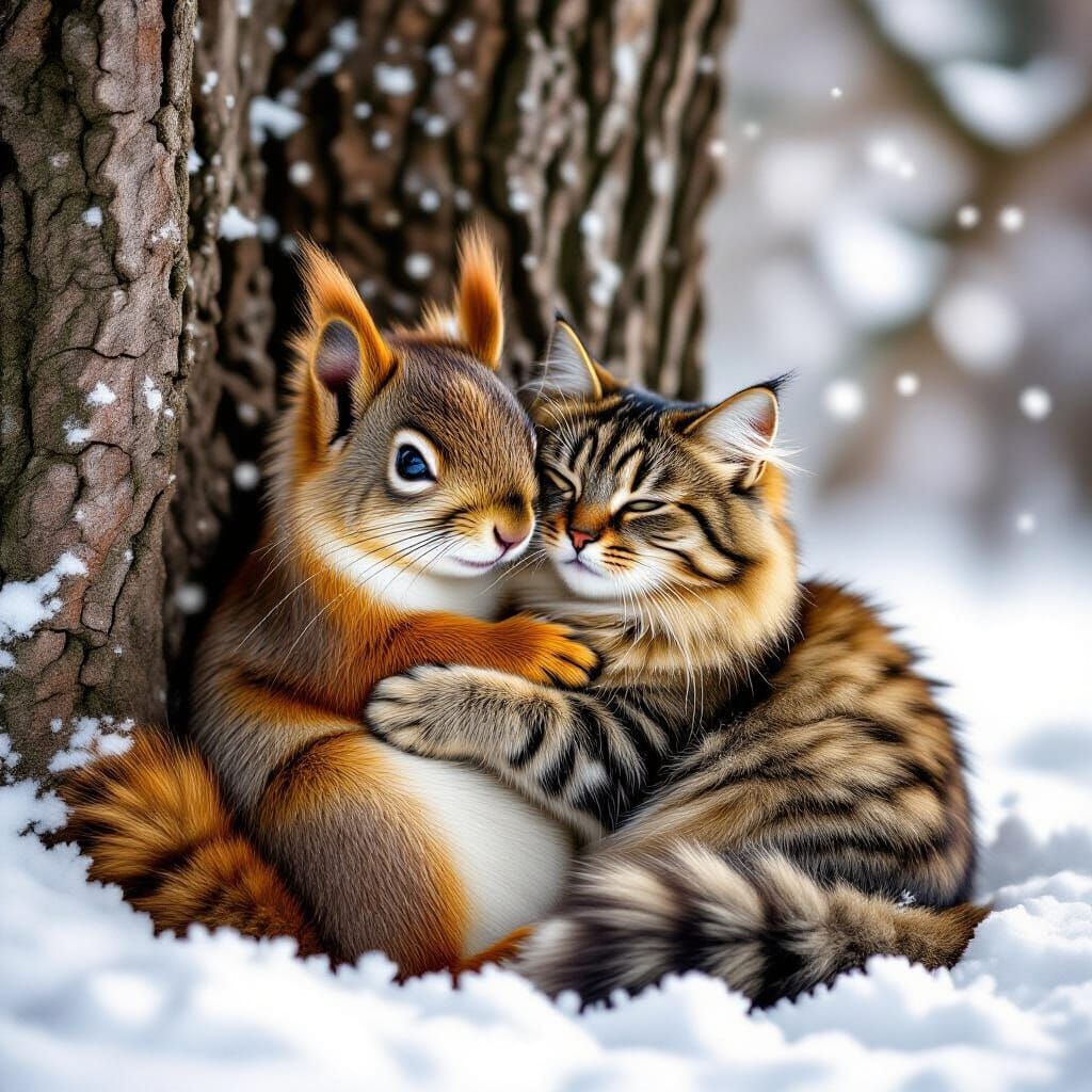 Squirrel and Cat Cuddling in Winter Snow