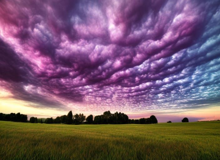Purple and Red Sunrise Over Rural Meadow