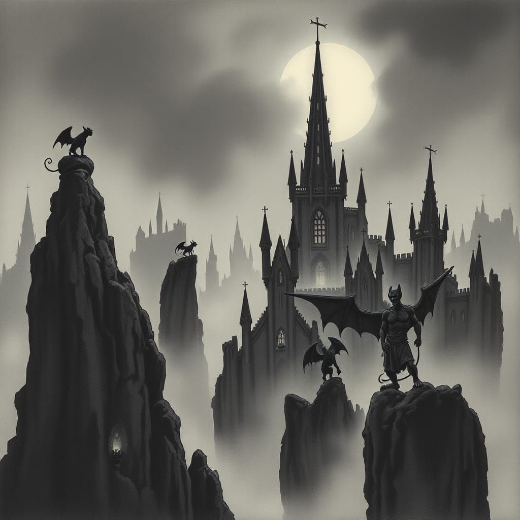 Gothic Cityscape on Floating Rocks in Twilight