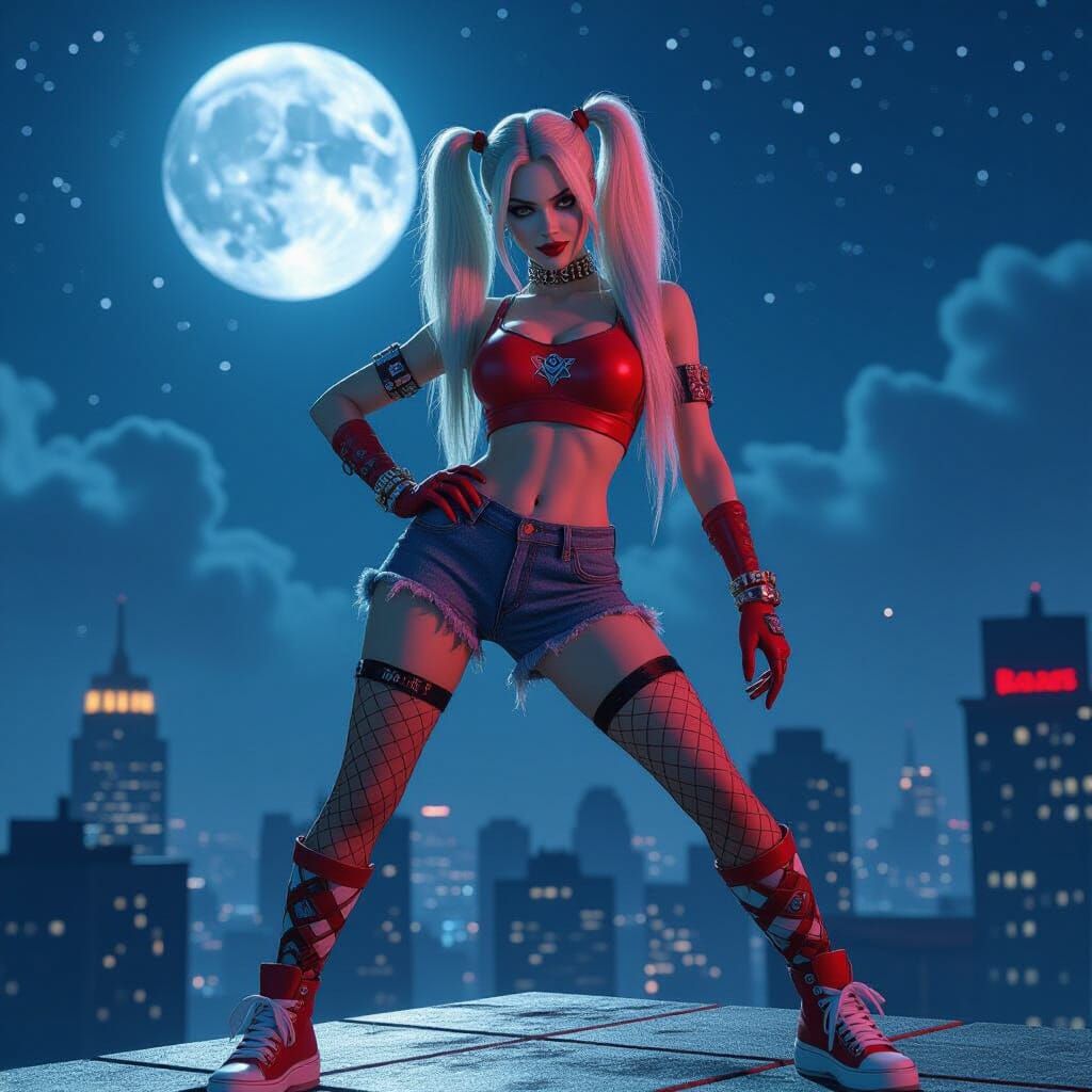 Harley Quinn on Skyscraper Roof Under Full Moon