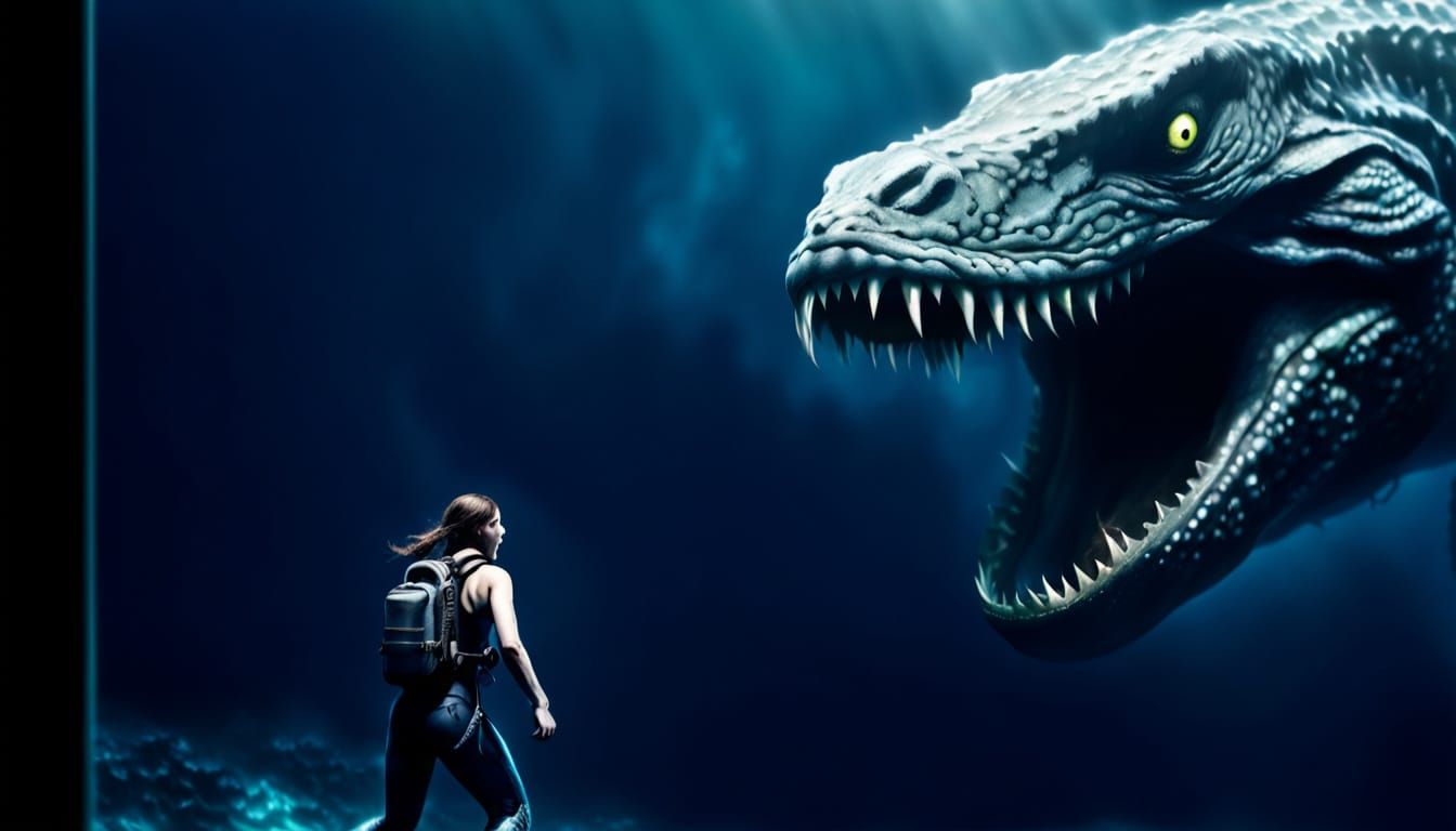 Scuba Diver Fleeing Jormungandr in Dark Fantasy Ocean