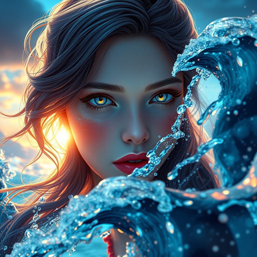 Girl Aurora Portrait with Fish and Waves