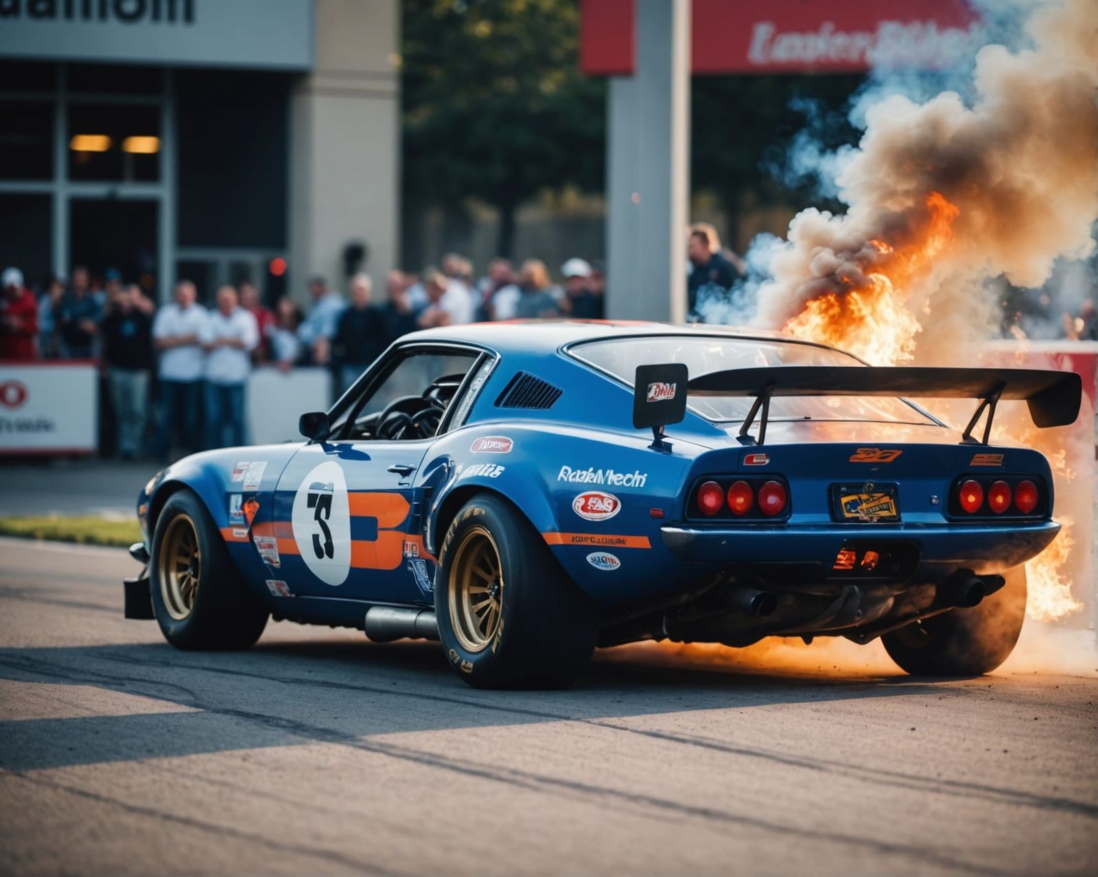 Fiery Racecar with Smoking Tires, Professional Photography