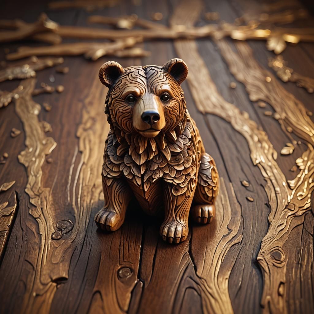 Intricately Carved Wood Bear Figurine: Hyperrealistic Digita...