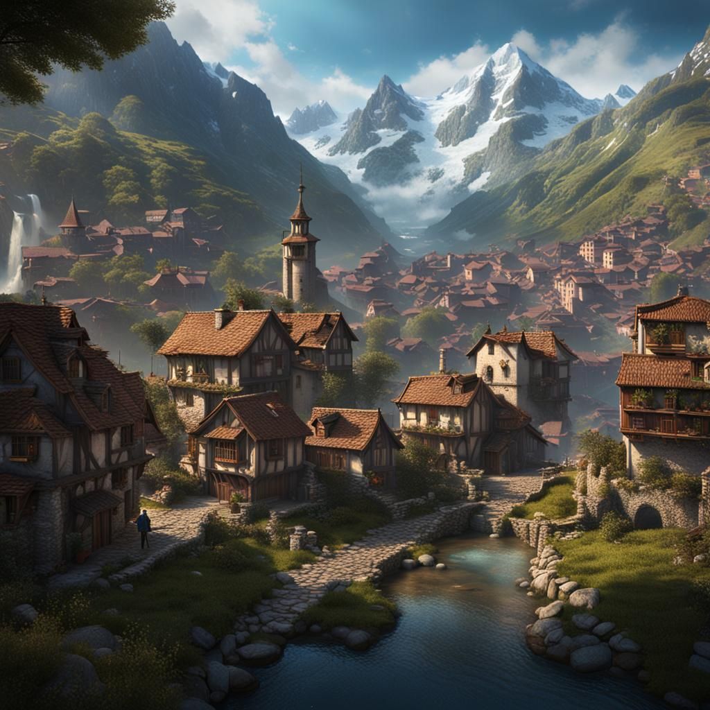 Pyrenees Mountain Town: Detailed Matte Painting