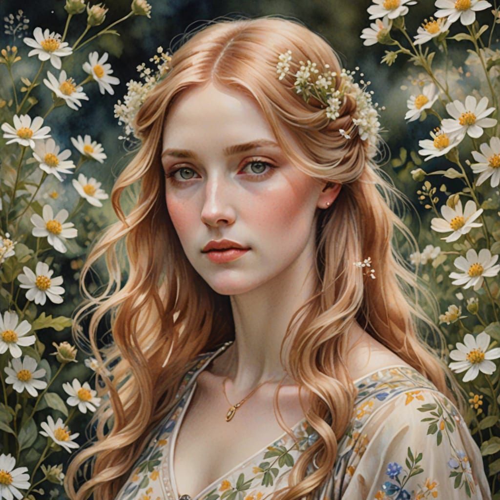 Romantic Portrait of Woman with Wildflowers in Pre-Raphaelit...