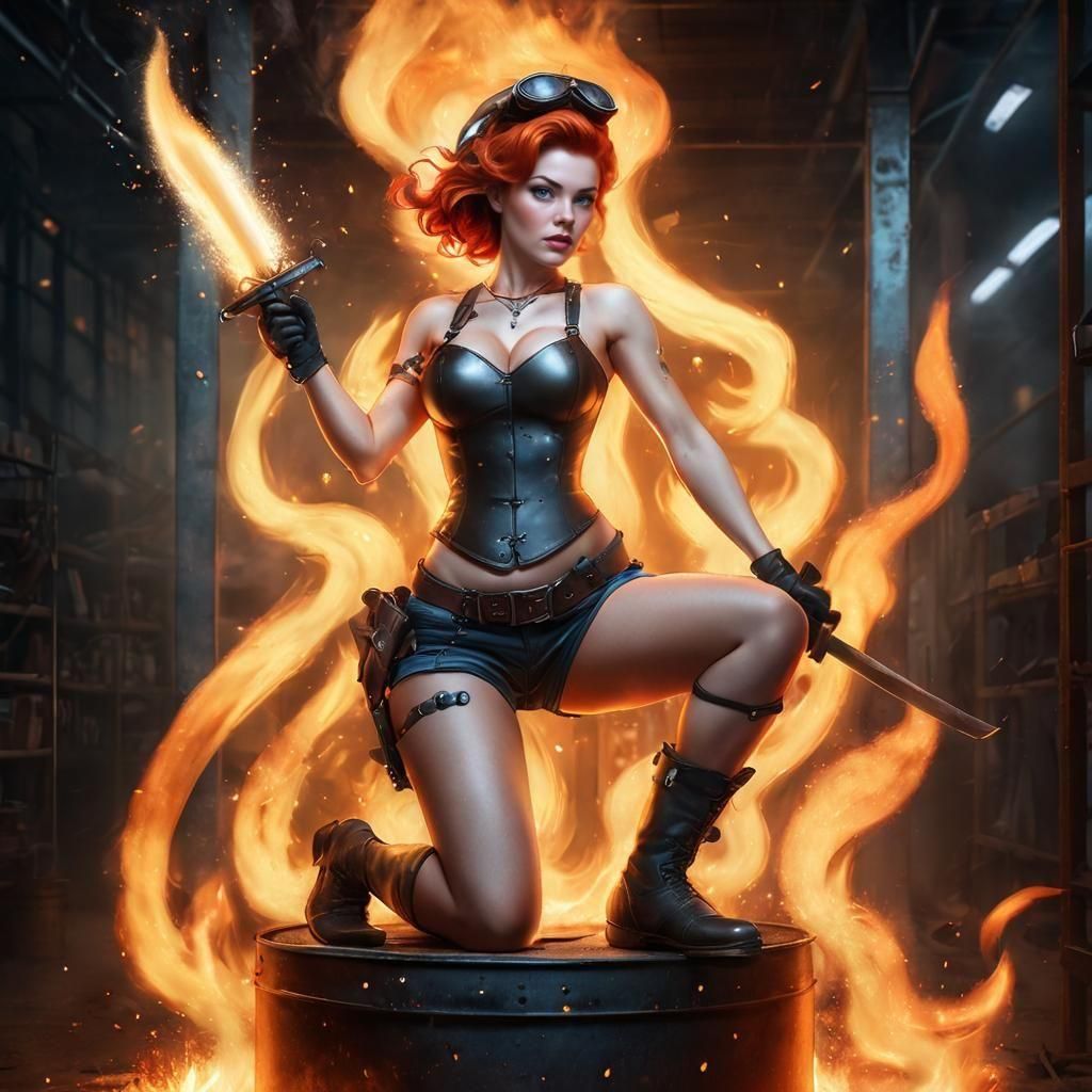 Welder Pinup with Sword of Fire