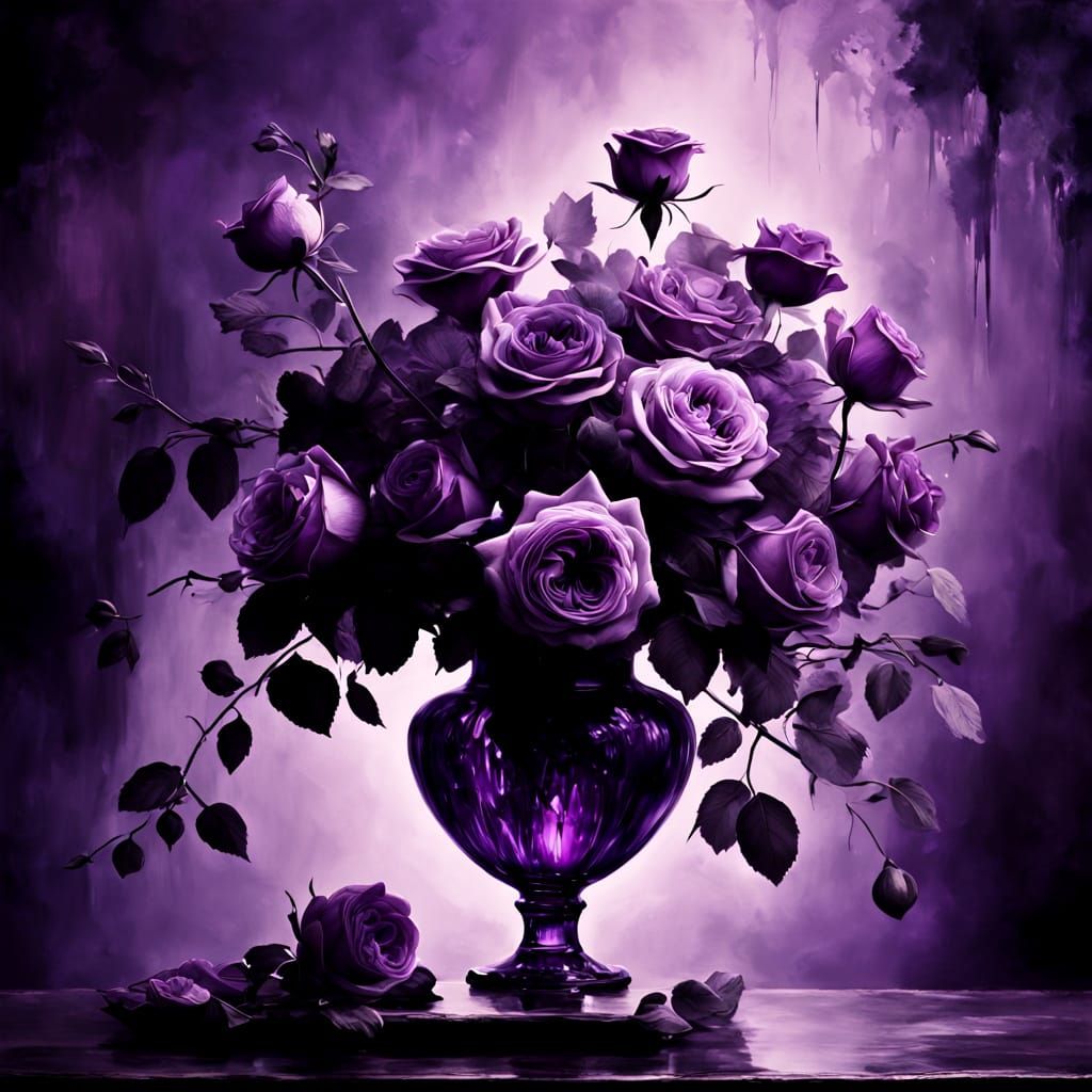 Renaissance Oil Painting of Purple Roses in Glass Vase