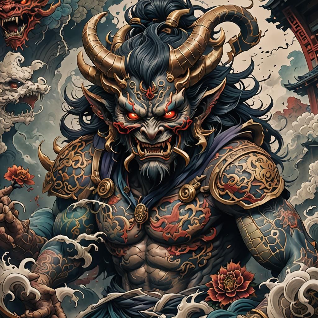 Japanese Demon Tattoo Stencil in Detailed Matte Painting