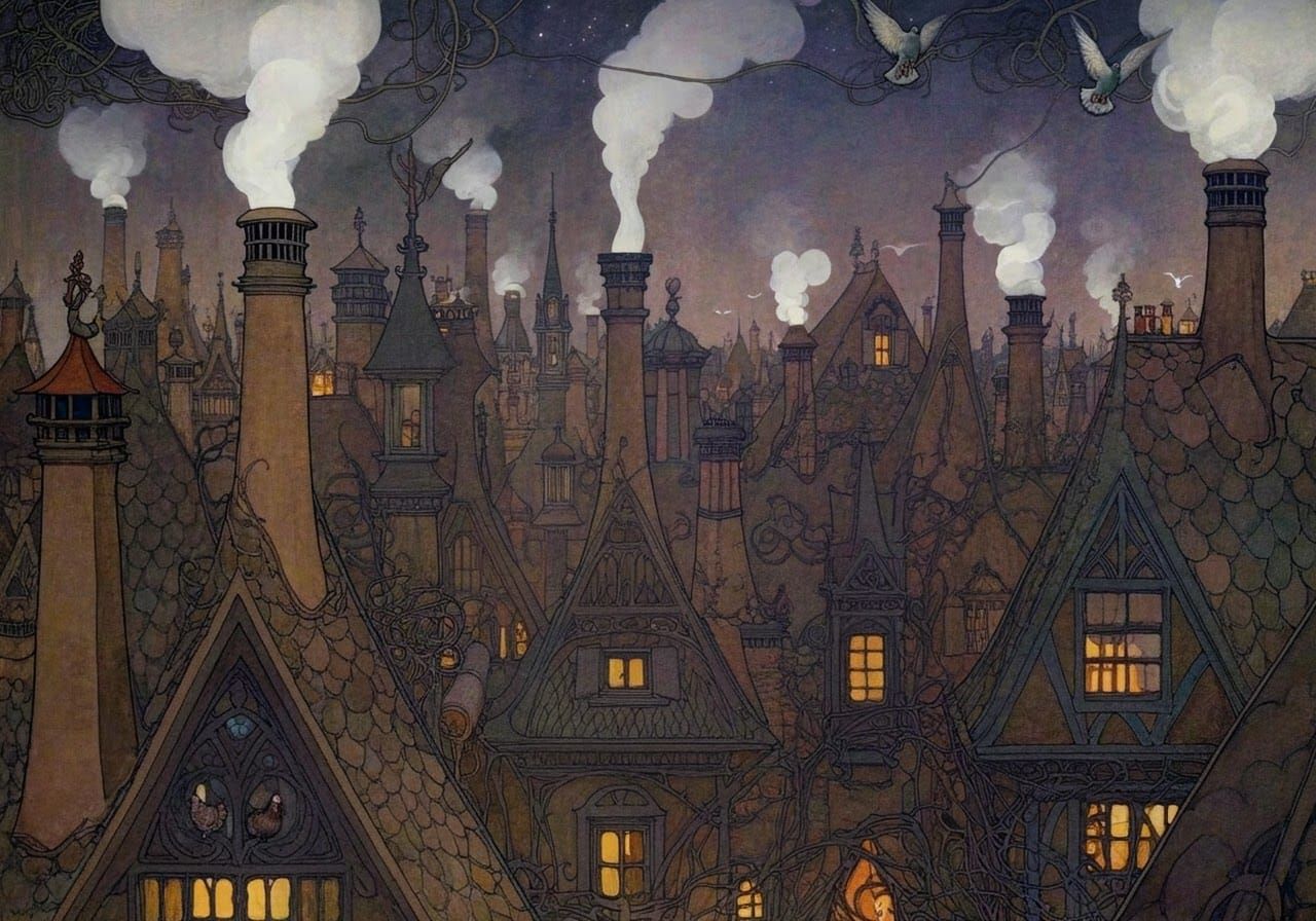 Charming Townscape with Pigeons in Rackham Style