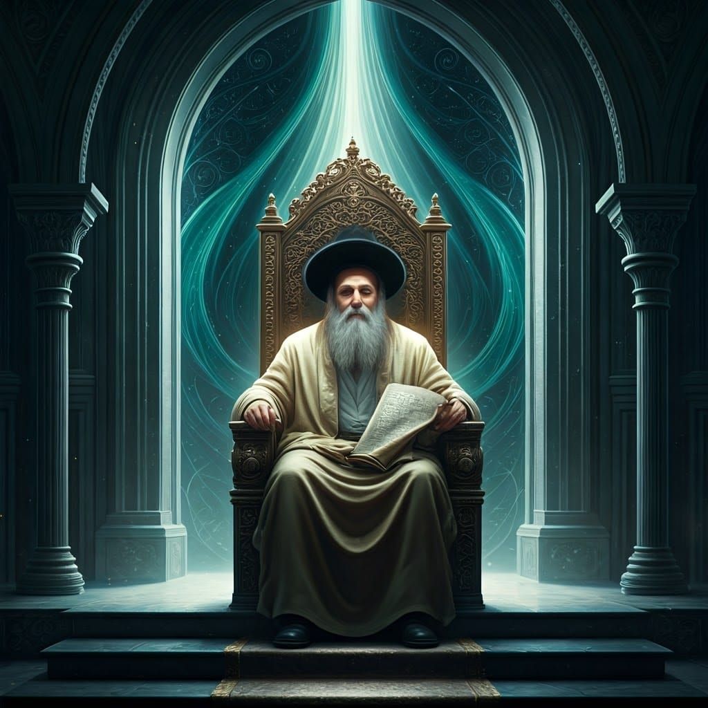 Hasidic Man on Throne with Torah Scroll