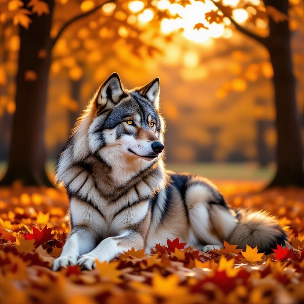 Wolf in Golden Cherry Forest Amidst Autumn Leaves