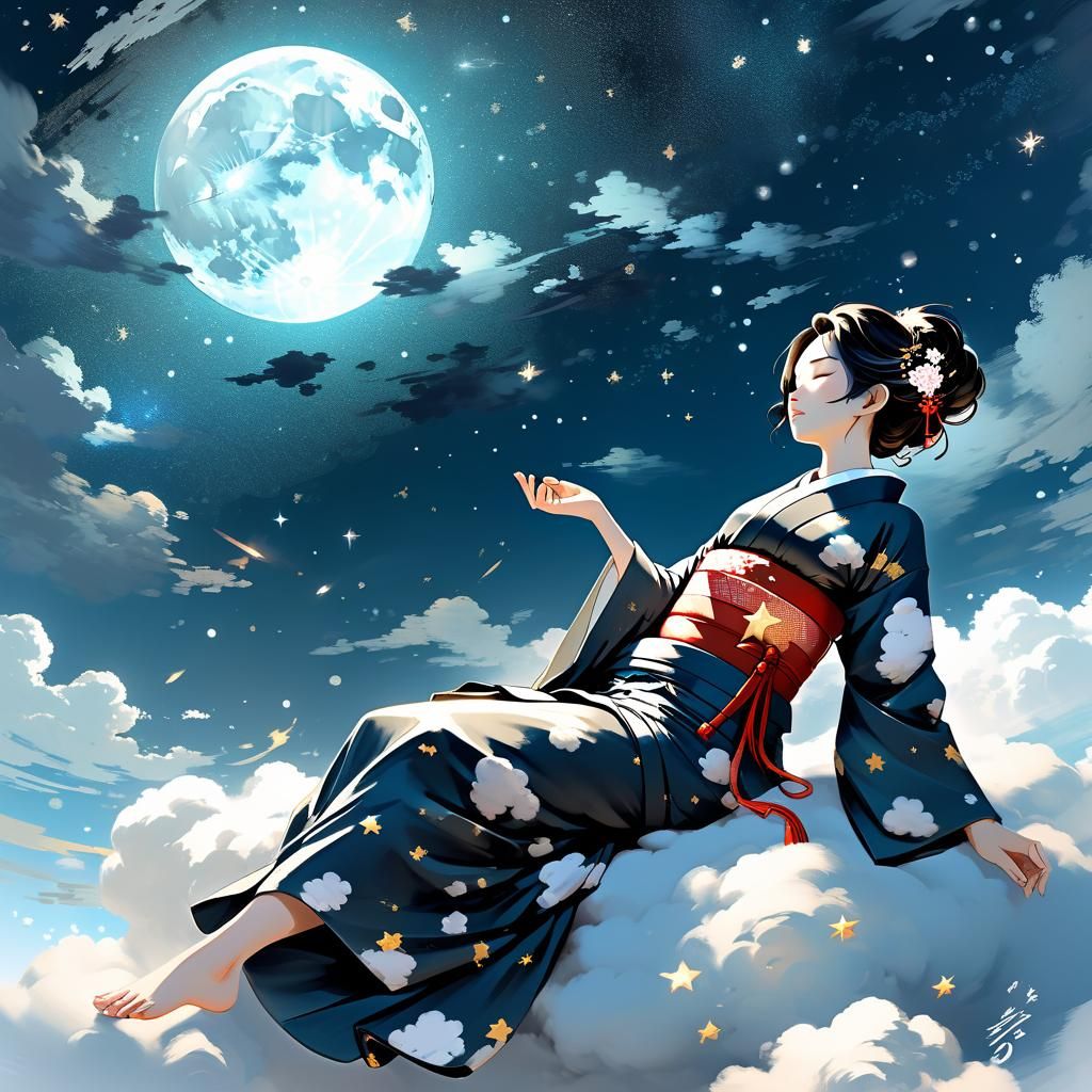 Kimono Girl Sleeping on Cloud in Manga Style