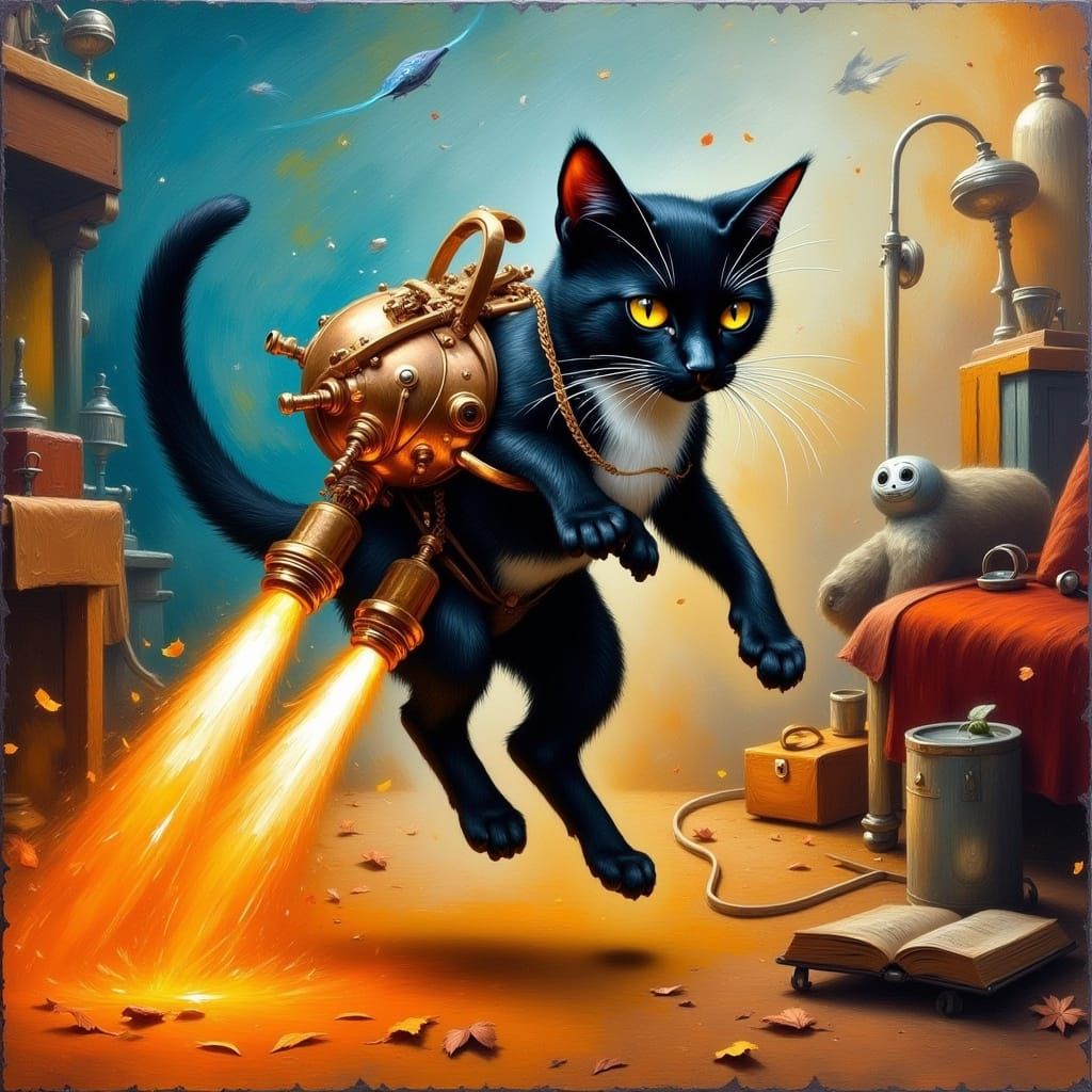 Cyberpunk Cat Soars Through a Dreamlike Living Room