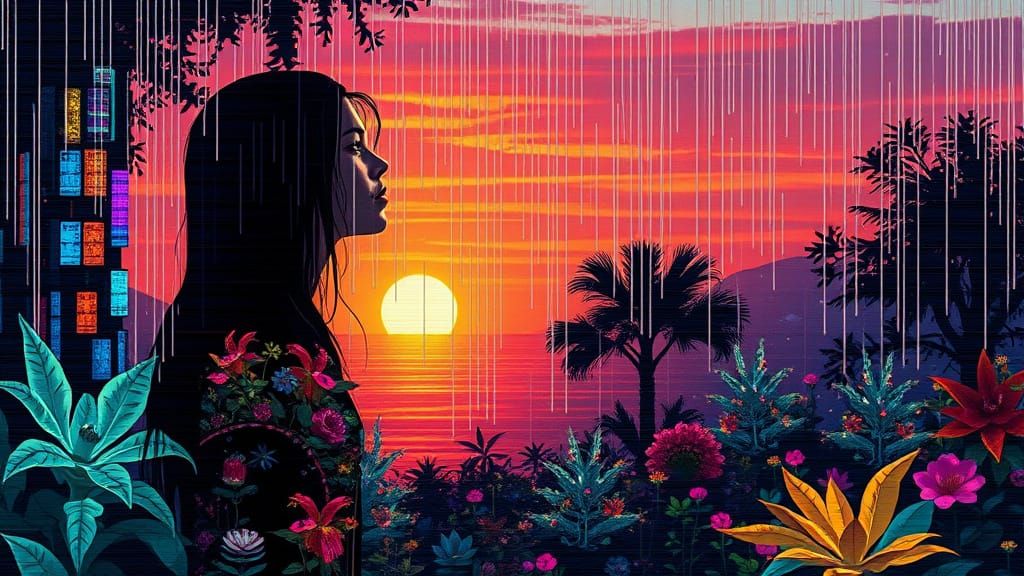 Vibrant Glitch Art with Distorted Digital Elements