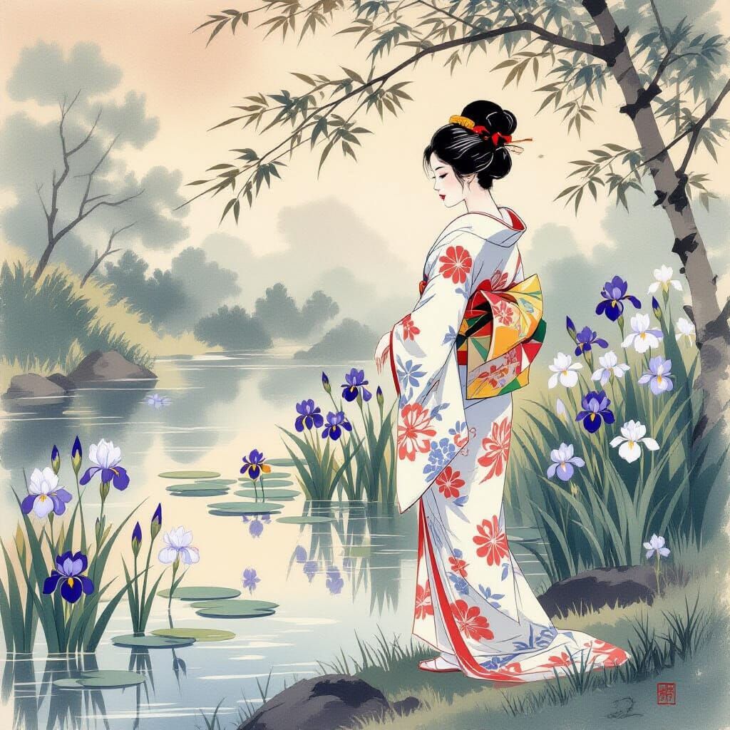 Serene Woman in Kimono by Tranquil Pond
